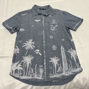 KREW KR3W Button Up Skate Shirt Blue White Art Graphic Print Short Sleeve L Camp